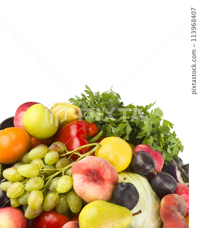 Set of vegetables and fruits isolated on a white. There is free space for text. Vertical photo. Set of vegetables and fruits isolated on a white. There is free space for text. Vertical photo. 113968407