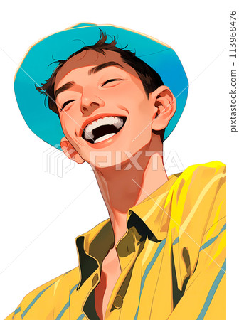 戴著藍色帽子的微笑的年輕人 戴著藍色帽子的微笑的年輕人 113968476