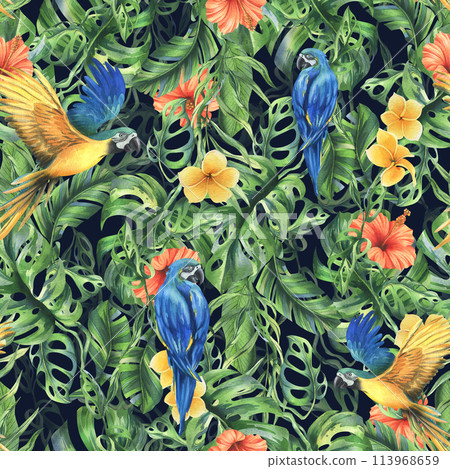 Tropical palm leaves, monstera and flowers of plumeria, hibiscus, bright juicy with blue-yellow macaw parrot. Hand drawn watercolor botanical illustration. Seamless pattern on the dark background. Tropical palm leaves, monstera and flowers of plumeria, hibiscus, bright juicy with blue-yellow macaw parrot. Hand drawn watercolor botanical illustration. Seamless pattern on the dark background. 113968659