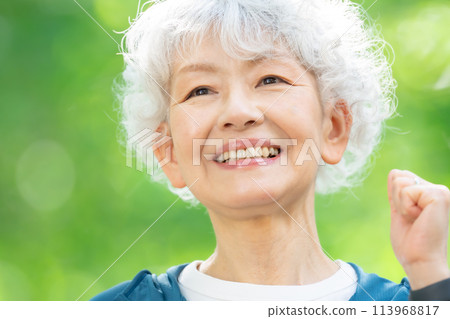 Senior woman in sportswear, fresh green, fist pump 113968817