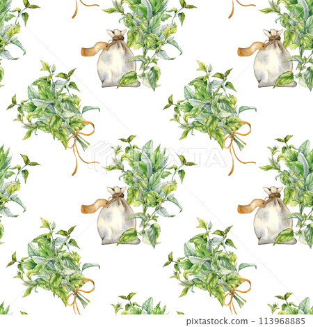 Herb sachet with label and bush of nettles watercolor seamless pattern isolated on white. Illustration of the herb plant Urticaria dioica. Stinging plant hand drawn. Label, packaging, textile 113968885
