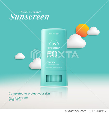 Summer sunscreen for skin protection,realistic cosmetic bottle mockup. Summer sunscreen for skin protection,realistic cosmetic bottle mockup. 113968957
