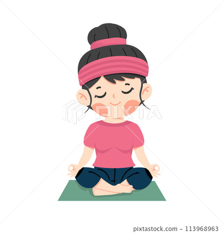 Kid Girl meditating practicing yoga cartoon 113968963