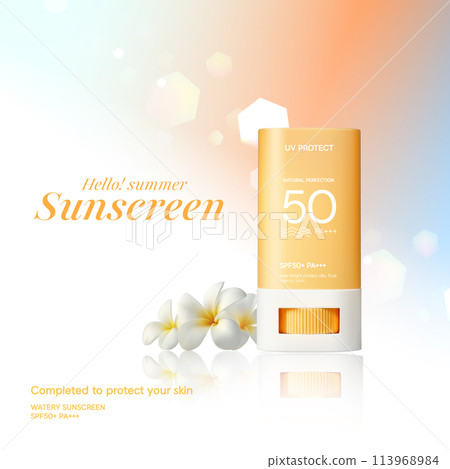 Summer sunscreen for skin protection,realistic cosmetic bottle mockup. 113968984