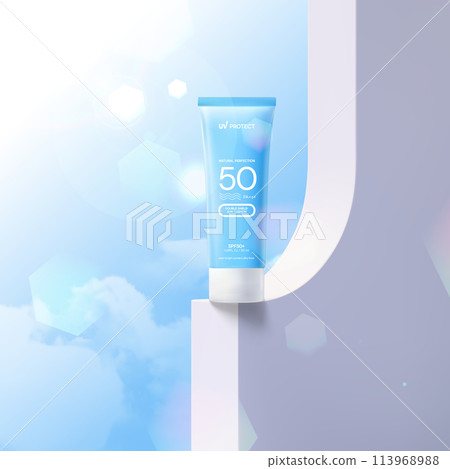 Summer sunscreen for skin protection,realistic cosmetic bottle mockup. 113968988