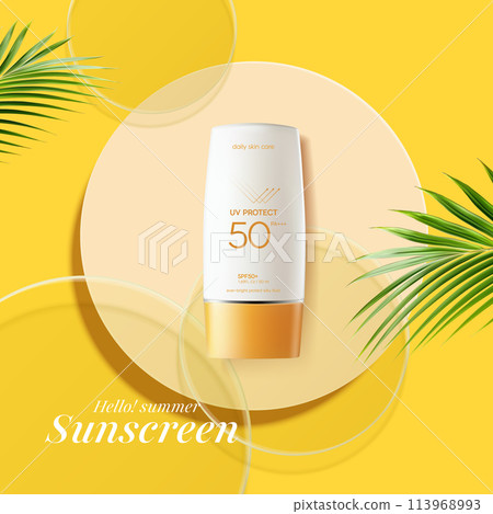 Summer sunscreen for skin protection,realistic cosmetic bottle mockup. 113968993