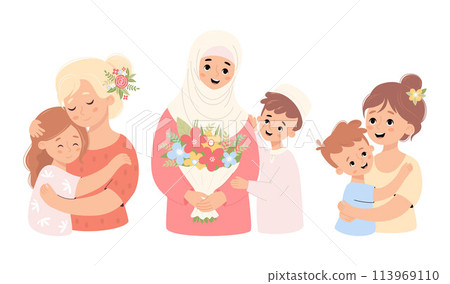 Cute family set. Happy blonde with daughter, Muslim woman in hijab with bouquet flowers and mother with smiling son. Vector illustration flat cartoon style. Characters diverse cultures and religions. 113969110