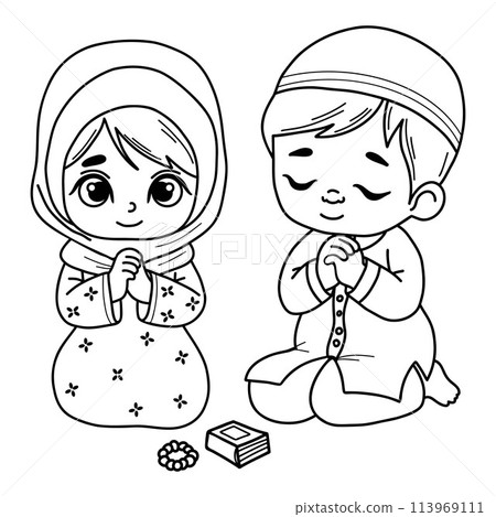 Cute traditional praying Islamic children. Religious ethnic believer little girl and boy character on his knees with folded hands in prayer. Vector illustration. Isolated outline hand drawings 113969111