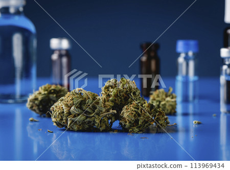 cannabis buds and laboratory flasks 113969434