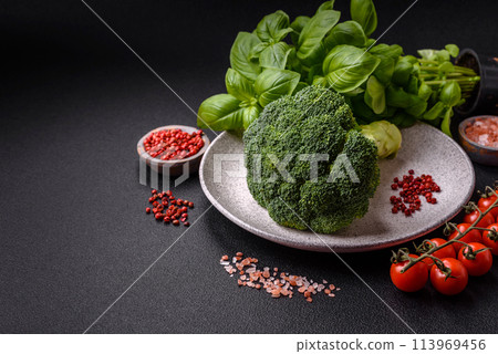 Fresh raw green broccoli in the form of a branch as an ingredient for cooking food at home 113969456