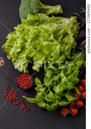 Fresh herbs basil in the form of a bush as an ingredient for cooking at home 113969468