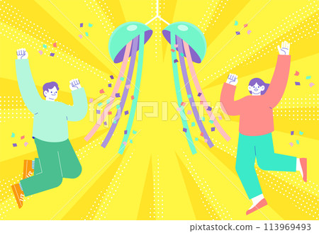 Illustration of a colorful paper lantern and a man and woman jumping in joy Radiating sunburst background 113969493