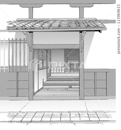 Manga-style pen drawing illustration Japanese style entrance Manga-style pen drawing illustration Japanese style entrance 113969615