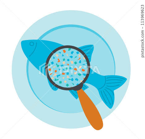 Plastic pollution, microplastic problem. Microplastic in food. Ecological poster. Fish with micro plastic pieces on plate. Vector illustration isolated on white background. Plastic pollution, microplastic problem. Microplastic in food. Ecological poster. Fish with micro plastic pieces on plate. Vector illustration isolated on white background. 113969623