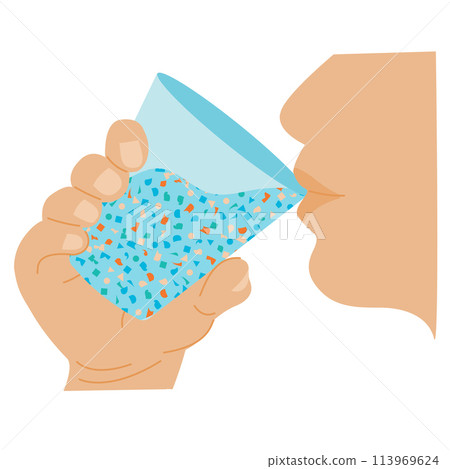 Micro plastic pollution concept. Person drinking water with microplastics. Environmental pollution by toxic waste. Toxic pieces in glass of water. Vector illustration isolated on white background. Micro plastic pollution concept. Person drinking water with microplastics. Environmental pollution by toxic waste. Toxic pieces in glass of water. Vector illustration isolated on white background. 113969624