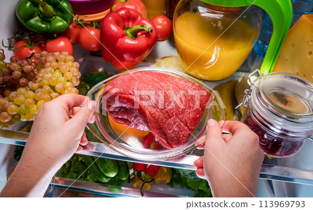 Fresh raw meat on a shelf open refrigerator Fresh raw meat on a shelf open refrigerator 113969793