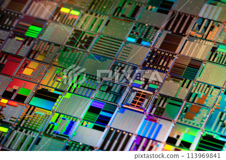 Silicon semiconductor wafer close-up. In electronics, a wafer also called a slice or substrate is a thin slice of semiconductor, a crystalline silicon, used for the fabrication of integrated circuits 113969841