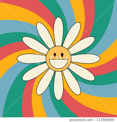 Groovy background with smiling daisy flower. Swirl sunburst rays background. 70 s Hippie retro style. Vector illustration Groovy background with smiling daisy flower. Swirl sunburst rays background. 70 s Hippie retro style. Vector illustration 113969909