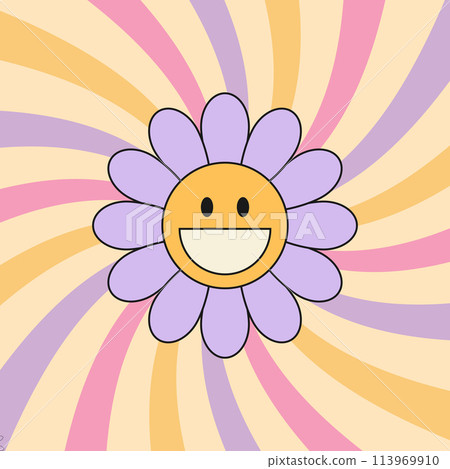 Groovy background with smiling daisy flower and swirl sunburst rays. 70 s Hippie retro style. Vector illustration Groovy background with smiling daisy flower and swirl sunburst rays. 70 s Hippie retro style. Vector illustration 113969910