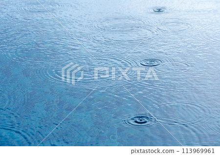 Round droplets of water over circles on pool water. 3 113969961