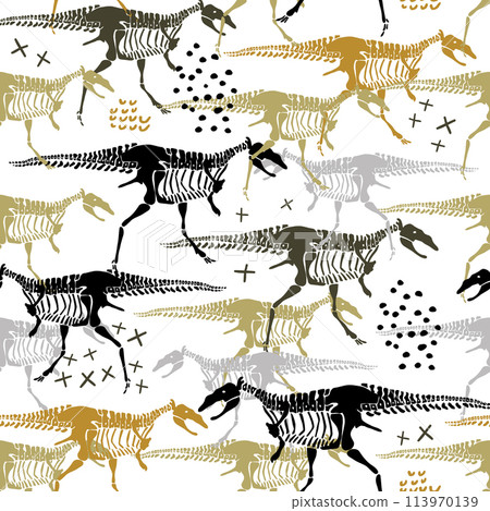 Childish seamless pattern with dinosaurs skeletons and bones. Trendy scandinavian vector background. Perfect for kids apparel,fabric, textile, nursery decoration,wrapping paper Childish seamless pattern with dinosaurs skeletons and bones. Trendy scandinavian vector background. Perfect for kids apparel,fabric, textile, nursery decoration,wrapping paper 113970139