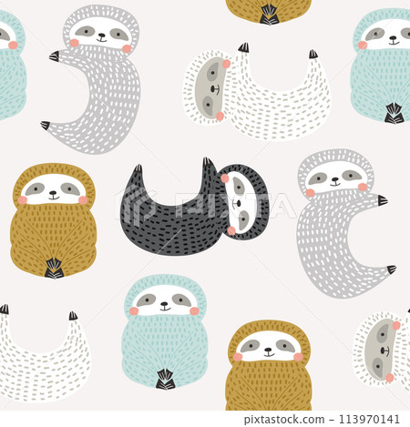 Seamless pattern with cute sloths. Creative good night background. Perfect for kids apparel,fabric, textile, nursery decoration,wrapping paper.Vector Illustration Seamless pattern with cute sloths. Creative good night background. Perfect for kids apparel,fabric, textile, nursery decoration,wrapping paper.Vector Illustration 113970141