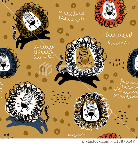 Childish seamless pattern with hand drawn lions. Trendy scandinavian vector background. Perfect for kids apparel,fabric, textile, nursery decoration,wrapping paper 113970147