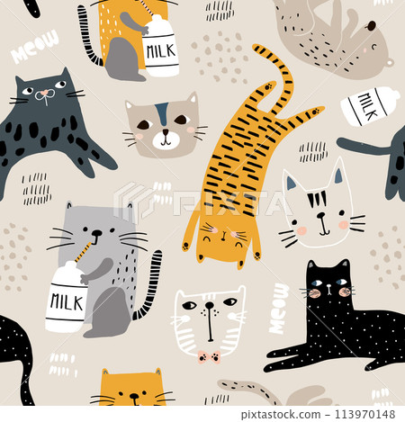 Seamless pattern with different funny cats and milk bottle. Creative childish texture. Great for fabric, textile Vector Illustration Seamless pattern with different funny cats and milk bottle. Creative childish texture. Great for fabric, textile Vector Illustration 113970148