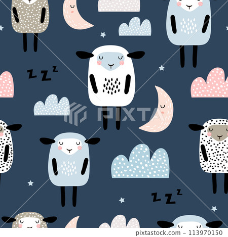 Seamless pattern with cute sleeping sheep, moon, clouds. Creative good night background. Perfect for kids apparel,fabric, textile, nursery decoration,wrapping paper.Vector Illustration Seamless pattern with cute sleeping sheep, moon, clouds. Creative good night background. Perfect for kids apparel,fabric, textile, nursery decoration,wrapping paper.Vector Illustration 113970150