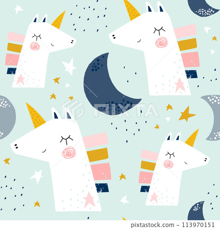 Seamless childish pattern with cute unicorns and moons . Creative scandinavian kids texture for fabric, wrapping, textile, wallpaper, apparel. Vector illustration Seamless childish pattern with cute unicorns and moons . Creative scandinavian kids texture for fabric, wrapping, textile, wallpaper, apparel. Vector illustration 113970151