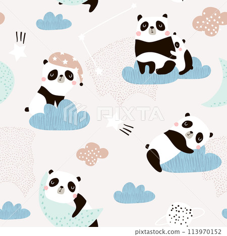 Seamless pattern with cute sleeping pandas, moon, rainbows, clouds. Creative good night background. Perfect for kids apparel,fabric, textile, nursery decoration,wrapping paper.Vector Illustration 113970152