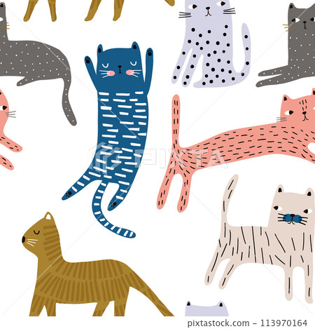 Seamless pattern with cute colorful cats. Creative childish texture. Great for fabric, textile Vector Illustration 113970164