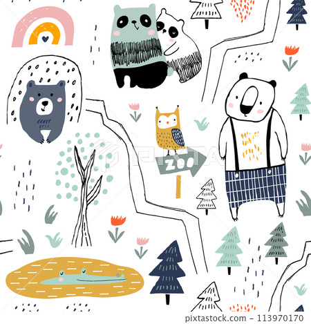 Seamless pattern with panda, bear,owl, crocodile and woodland elements. Creative zoo childish texture. Great for fabric, textile Vector Illustration 113970170