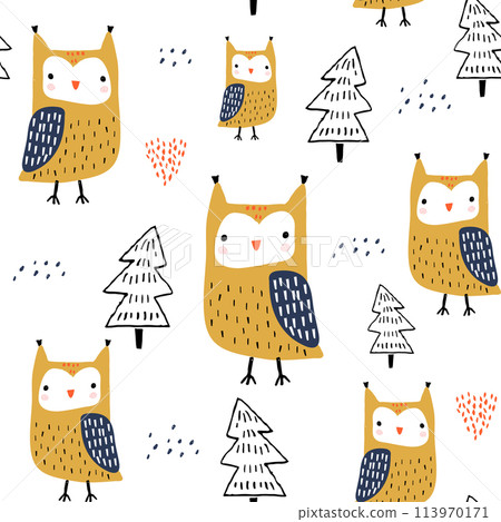Seamless pattern with owls and trees. Creative woodland childish texture. Great for fabric, textile Vector Illustration 113970171