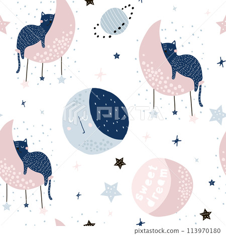 Seamless childish pattern with cats on moons and starry sky. Creative kids texture for fabric, wrapping, textile, wallpaper, apparel. Vector illustration 113970180