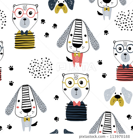 Seamless pattern with funny dogs, bear and hand drawn elements. Creative zoo childish texture. Great for fabric, textile Vector Illustration Seamless pattern with funny dogs, bear and hand drawn elements. Creative zoo childish texture. Great for fabric, textile Vector Illustration 113970188