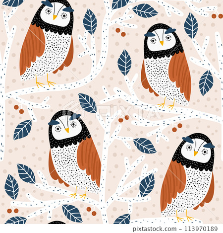 Seamless pattern with owls on trees. Creative woodland childish texture. Great for fabric, textile Vector Illustration Seamless pattern with owls on trees. Creative woodland childish texture. Great for fabric, textile Vector Illustration 113970189