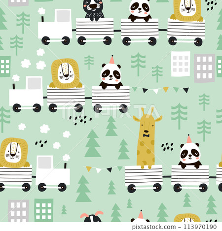 Children s seamless pattern with cute animals riding the train in the Scandinavian style. Creative vector childish background for fabric, textile Children s seamless pattern with cute animals riding the train in the Scandinavian style. Creative vector childish background for fabric, textile 113970190