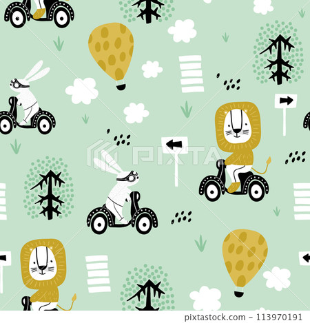 Seamless pattern with bunny and lion riding on scooter. Creative childish texture. Great for fabric, textile Vector Illustration Seamless pattern with bunny and lion riding on scooter. Creative childish texture. Great for fabric, textile Vector Illustration 113970191
