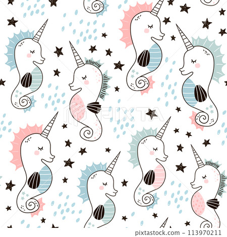 Seamless pattern with cute sea horse unicorns. Creative childish background. Perfect for kids apparel,fabric, textile, nursery decoration,wrapping paper.Vector Illustration 113970211