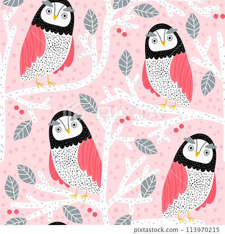 Seamless pattern with owls on trees. Creative woodland childish texture. Great for fabric, textile Vector Illustration 113970215