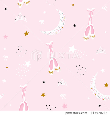 Childish seamless pattern with moon, stars and pointe shoes in scandinavian style. Creative vector childish background for fabric, textile 113970216