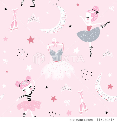 Childish seamless pattern with cute hand drawn ballerina dancing on the moon in scandinavian style. Creative vector childish background for fabric, textile Childish seamless pattern with cute hand drawn ballerina dancing on the moon in scandinavian style. Creative vector childish background for fabric, textile 113970217