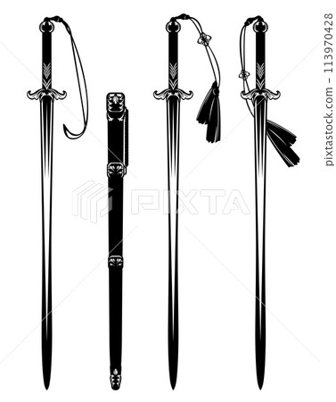 stylized traditional asian long sword black and white vector design set 113970428