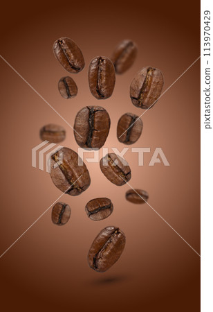 Levitating coffee beans on a brown background 113970429