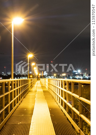 Illuminated Walkway Leading to a Cityscape at Night Illuminated Walkway Leading to a Cityscape at Night 113970547