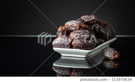 Dates on a black reflective background. 113970634