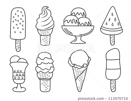 Hand drawn set of doodle with different ice cream types Hand drawn set of doodle with different ice cream types 113970710