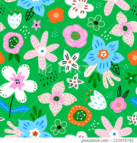 Seamless botanical pattern with hand drawn flowers, leaves. Bright floral background. Vector texture. Seamless botanical pattern with hand drawn flowers, leaves. Bright floral background. Vector texture. 113970782