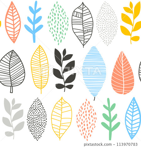 Seamless pattern with hand drawn outline leaves, plants. Botanical abstract texture in minimalistic style. Vector background. Seamless pattern with hand drawn outline leaves, plants. Botanical abstract texture in minimalistic style. Vector background. 113970783